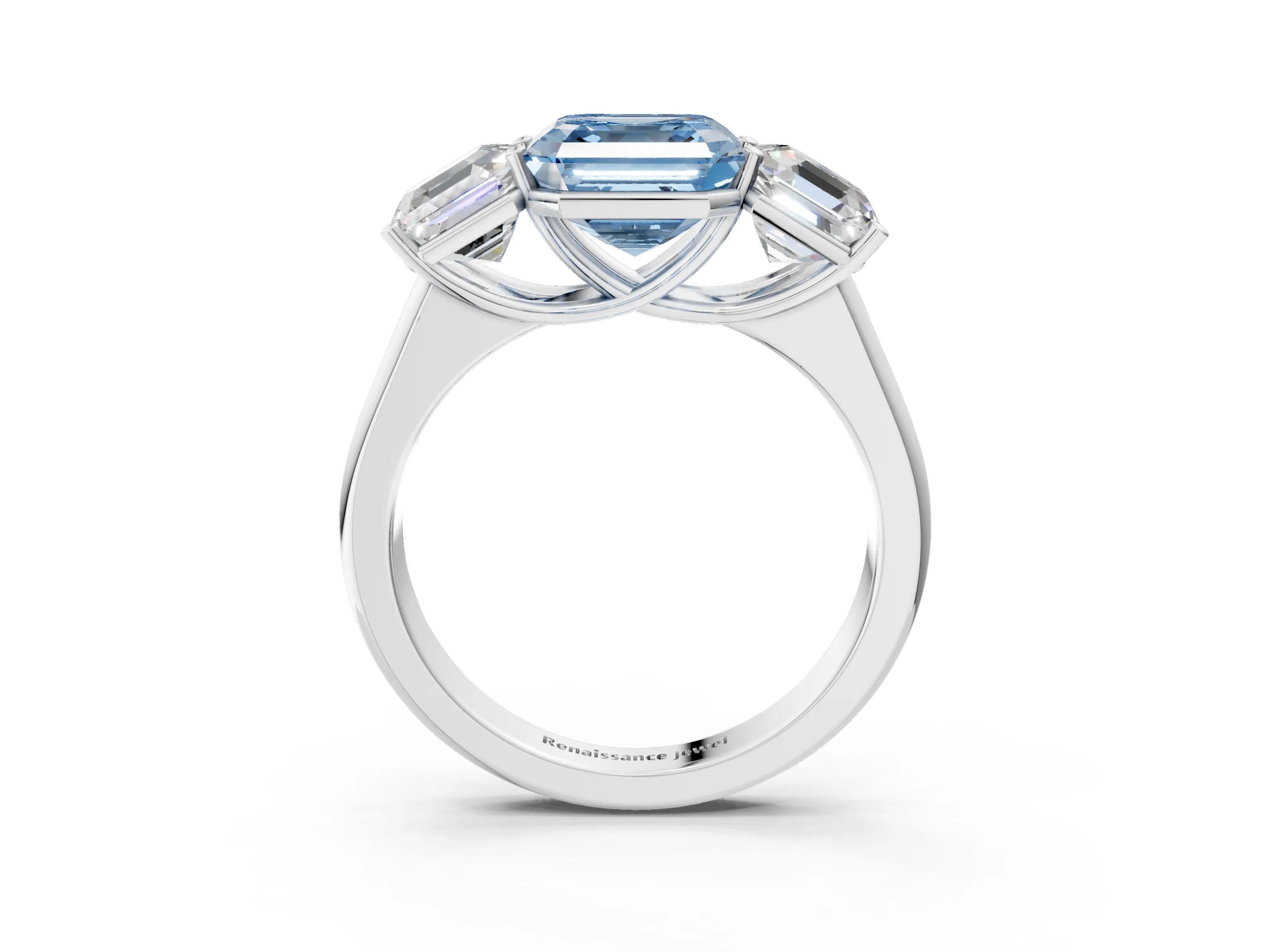 White gold Fancy Blue Asscher Cut Three-Stone Diamond Ring with Prong Setting on a Classic Band_3