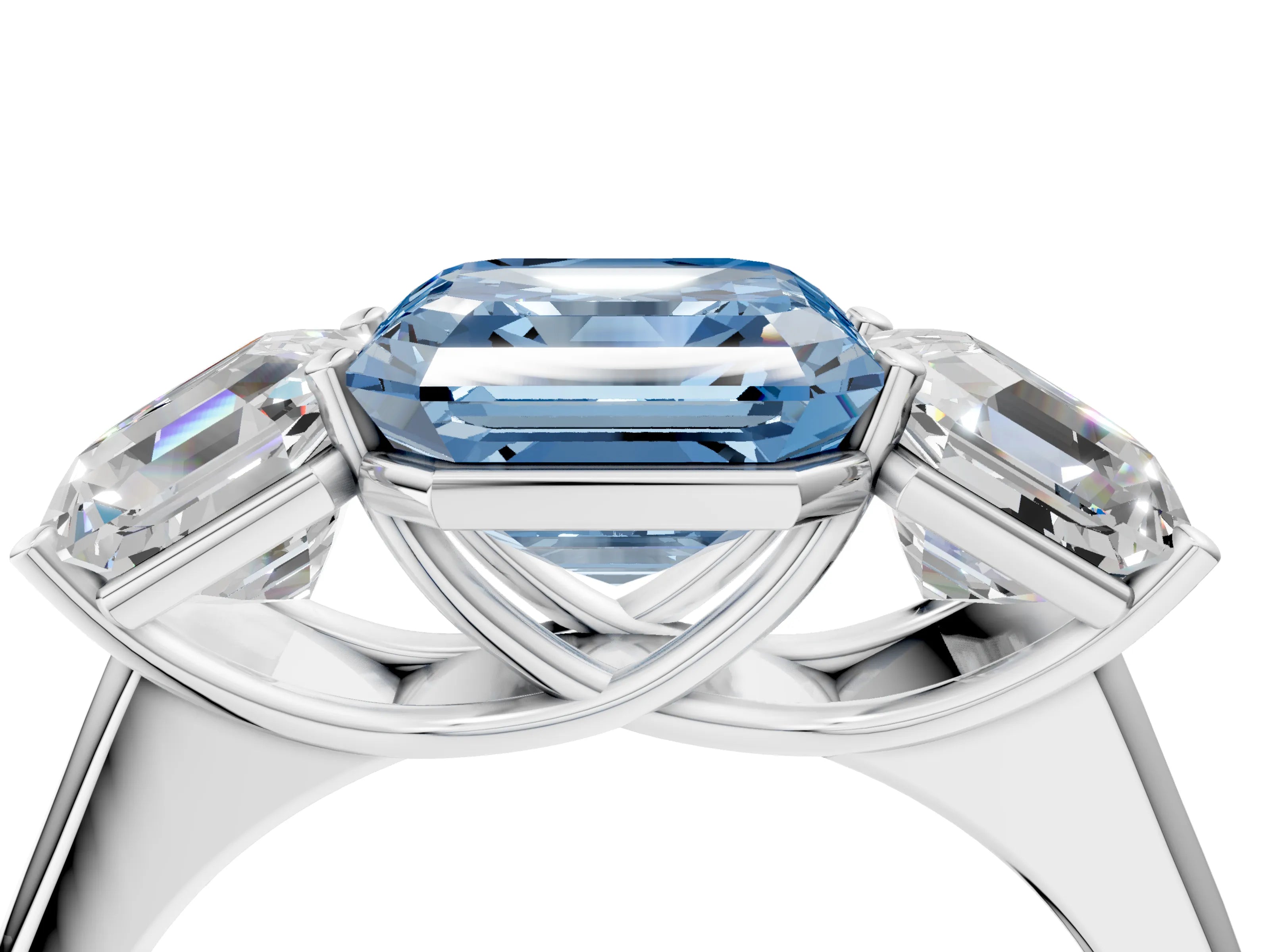 White gold Fancy Blue Asscher Cut Three-Stone Diamond Ring with Prong Setting on a Classic Band_4