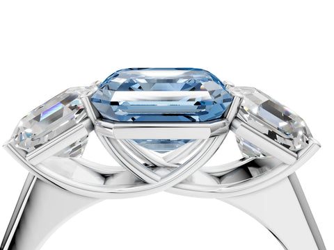 White gold Fancy Blue Asscher Cut Three-Stone Diamond Ring with Prong Setting on a Classic Band_4
