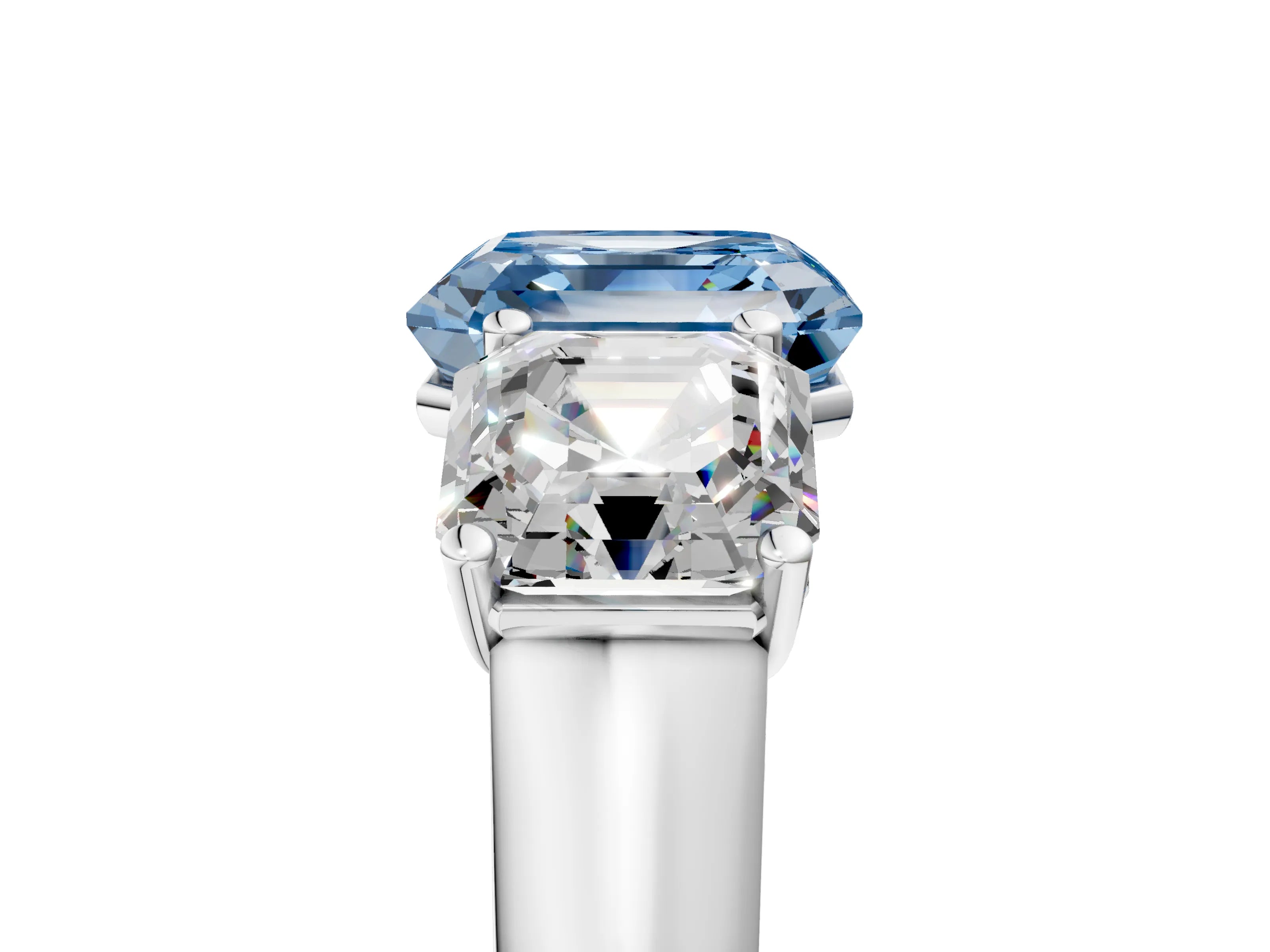 White gold Fancy Blue Asscher Cut Three-Stone Diamond Ring with Prong Setting on a Classic Band_5