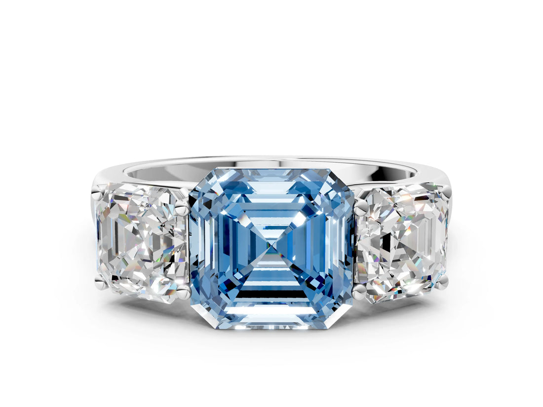 White gold Fancy Blue Asscher Cut Three-Stone Diamond Ring with Prong Setting on a Classic Band_7