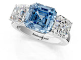 White gold Fancy Blue Asscher Cut Three-Stone Diamond Ring with Prong Setting on a Classic Band_8