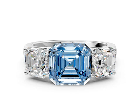 White gold Fancy Blue Asscher Cut Three-Stone Diamond Ring with Prong Setting on a Classic Band