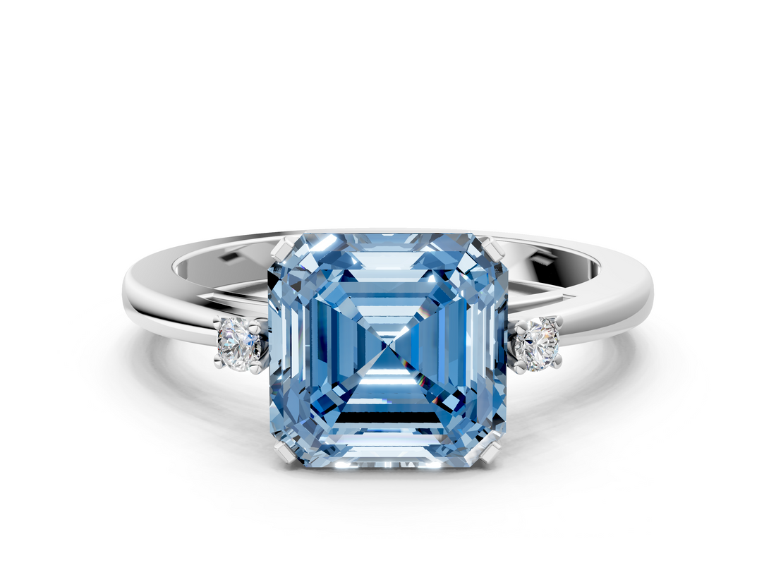 White gold Fancy Blue Asscher  Cut Three-Stone Solitaire Ring with Round Accent Diamonds and Four-Prong Setting_36