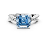 White gold Fancy Blue Asscher  Cut Twist Band Solitaire Diamond Ring with Pavé Setting_3