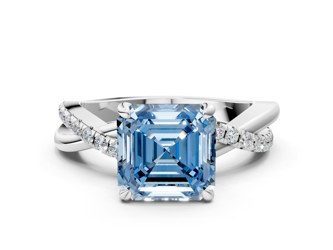 White gold Fancy Blue Asscher  Cut Twist Band Solitaire Diamond Ring with Pavé Setting_3