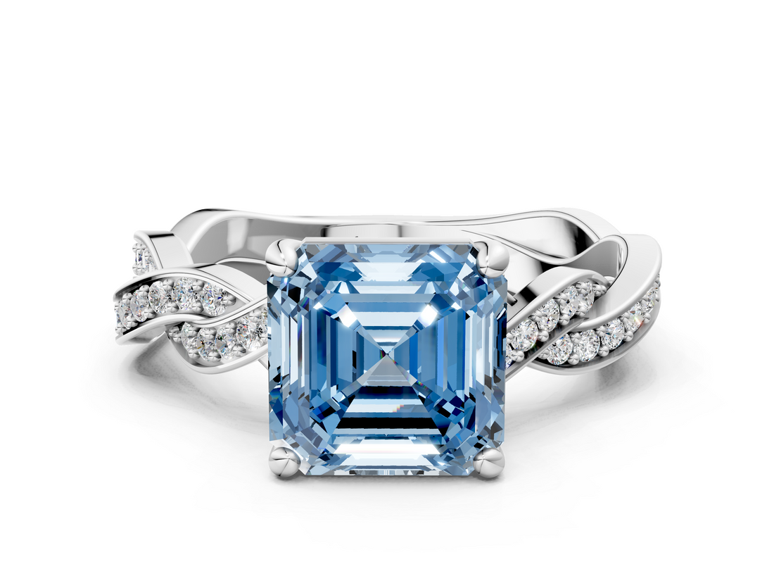 White gold Fancy Blue Asscher  Cut Twisted Pavé Band Solitaire Ring with Four-Prong Setting