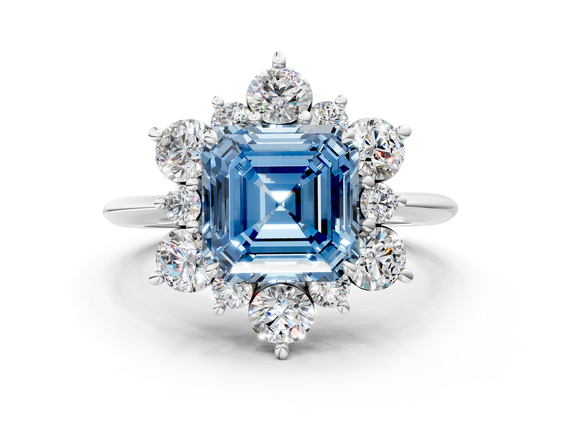 White gold Fancy Blue Asscher  Diamond Cluster Halo Ring with Solitaire Band and Four-Prong Setting