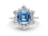 White gold Fancy Blue Asscher  Diamond Cluster Halo Ring with Solitaire Band and Four-Prong Setting