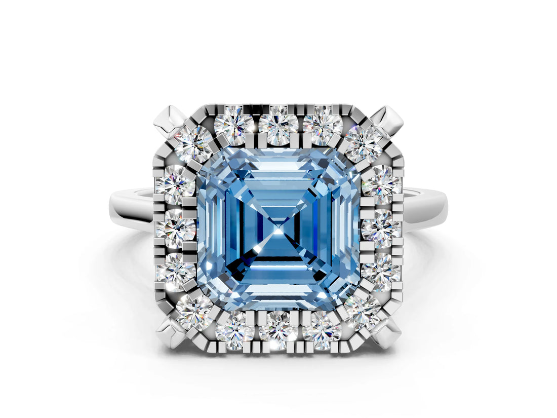 White gold Fancy Blue Asscher  Diamond Cluster Halo Solitaire with Four-Prong Setting_187