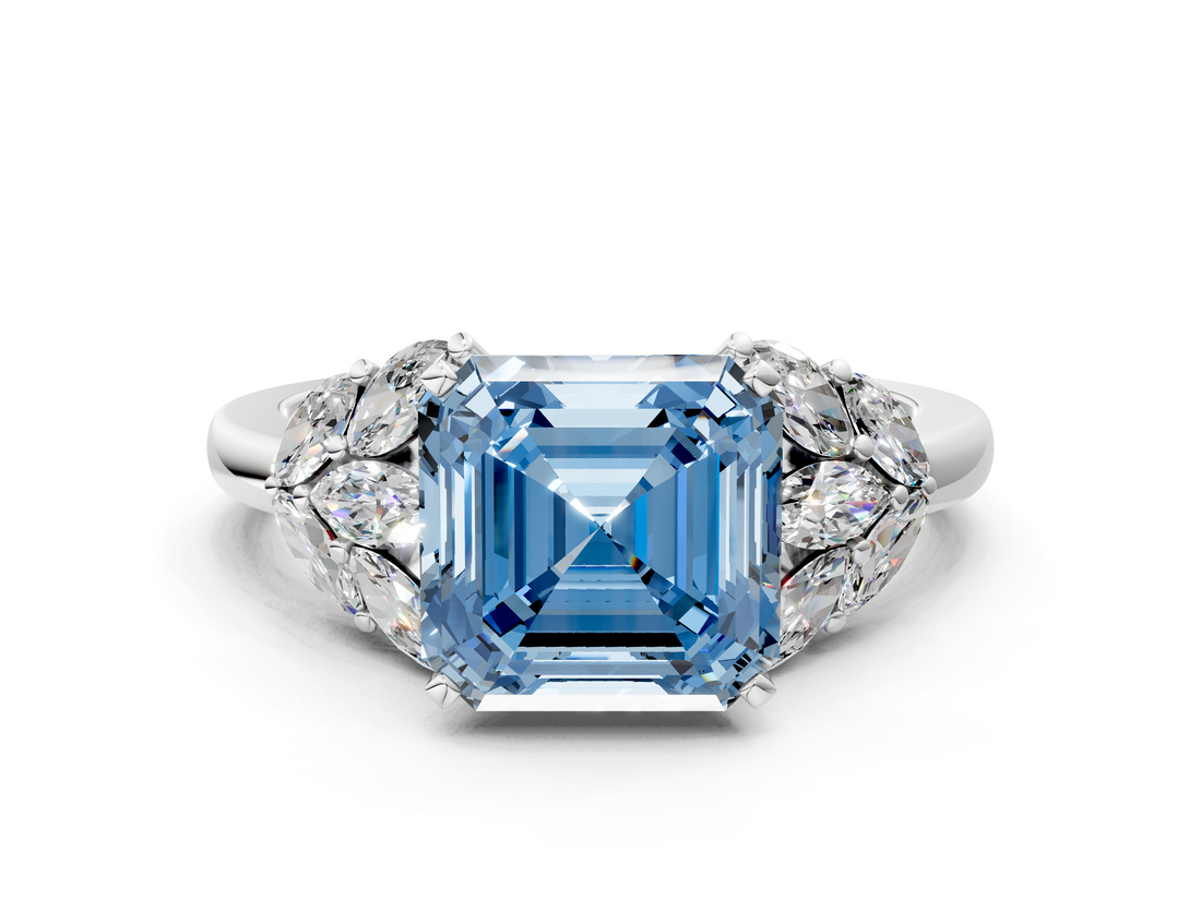 White gold Fancy Blue Asscher  Diamond Cluster Leaf Design Ring with Prong Setting_17