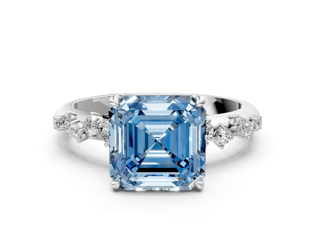 White gold Fancy Blue Asscher  Diamond Cluster Prong-Set Solitaire Ring