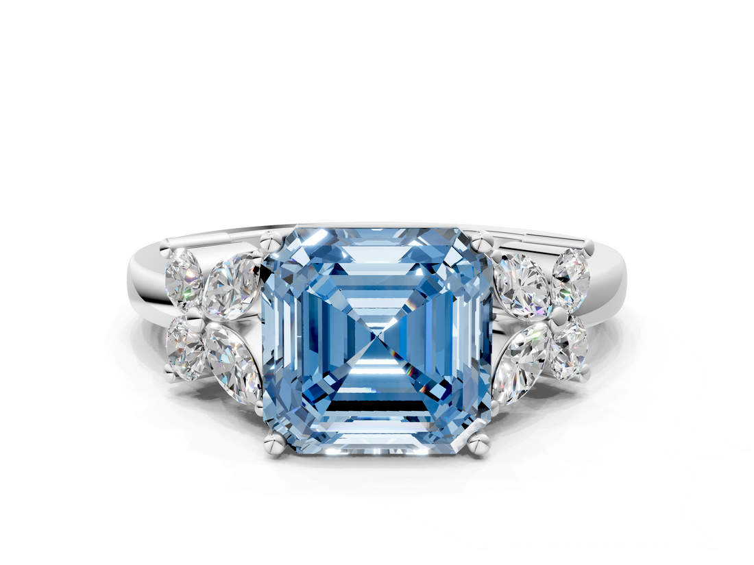 White gold Fancy Blue Asscher  Diamond Floral Cluster Ring with Solitaire Band and Prong Setting