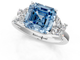 White gold Fancy Blue Asscher  Diamond Floral Cluster Ring with Solitaire Band and Prong Setting_1