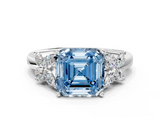 White gold Fancy Blue Asscher  Diamond Floral Cluster Ring with Solitaire Band and Prong Setting