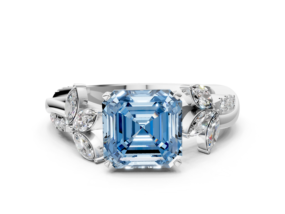 White gold Fancy Blue Asscher  Diamond Floral Vine Solitaire Engagement Ring