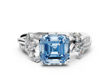 White gold Fancy Blue Asscher  Diamond Floral Vine Solitaire Engagement Ring
