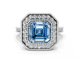 White gold Fancy Blue Asscher  Diamond Halo Ring with Milgrain Frame and Pavé Band_106
