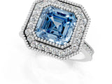White gold Fancy Blue Asscher  Diamond Halo Ring with Milgrain Frame and Pavé Band_107