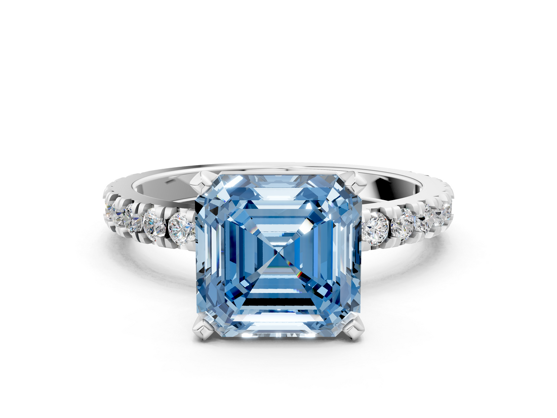 White gold Fancy Blue Asscher  Diamond Pavé Band Solitaire with Four-Prong Setting