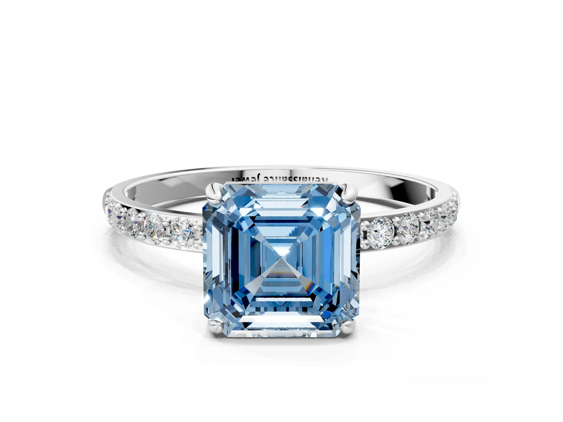 White gold Fancy Blue Asscher  Diamond Pavé Band with Six-Prong Setting_15