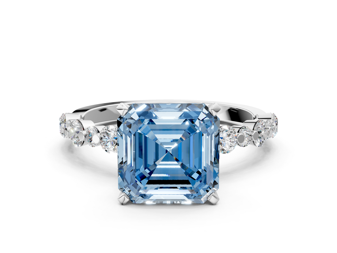 White gold Fancy Blue Asscher  Diamond Prong Set Engagement Ring with Pave Band_18