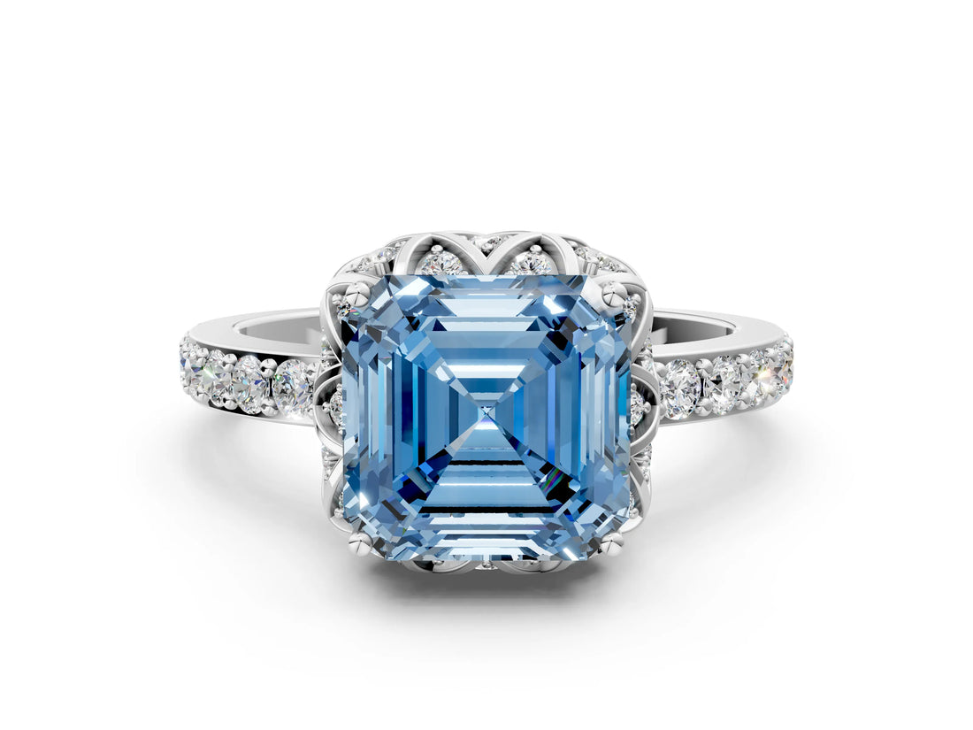 White gold Fancy Blue Asscher  Diamond Solitaire Ring with Shared Prong Pavé Band_12