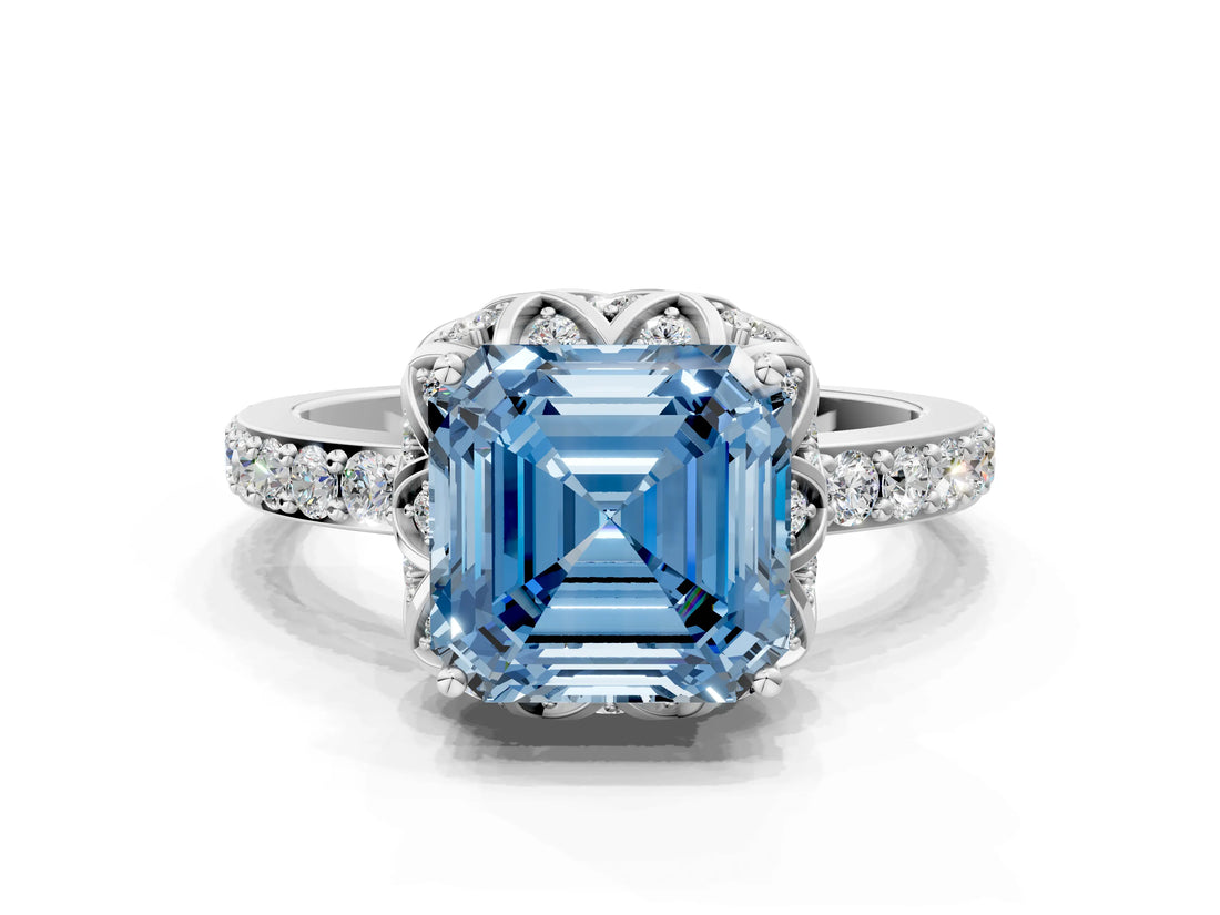 White gold Fancy Blue Asscher  Diamond Solitaire Ring with Shared Prong Pavé Band_28