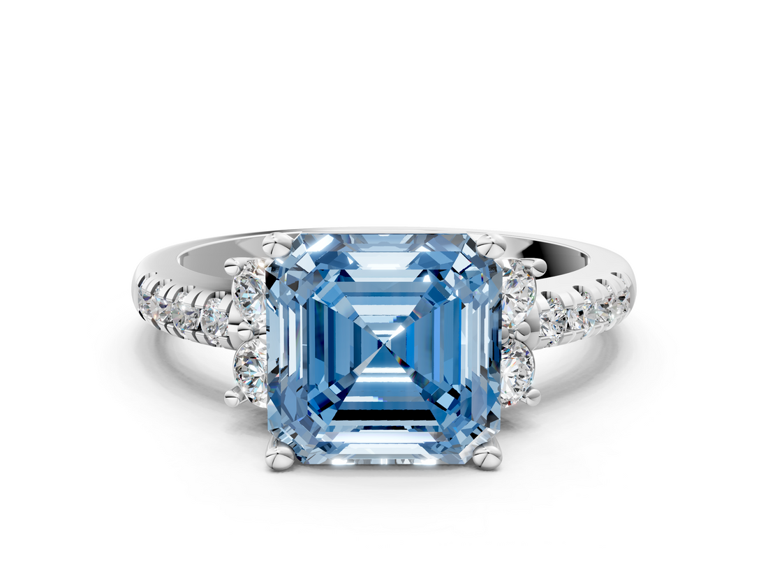 White gold Fancy Blue Asscher  Diamond Three-Stone Pave Band with Four-Prong Setting_17