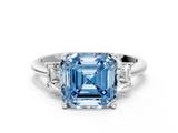 White gold Fancy Blue Asscher  Diamond Three-Stone Ring with Trapezoid Side Stones and Prong Setting_35