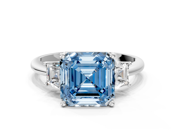 Platinum Fancy Blue Asscher  Diamond Three-Stone Ring with Trapezoid Side Stones and Prong Setting
