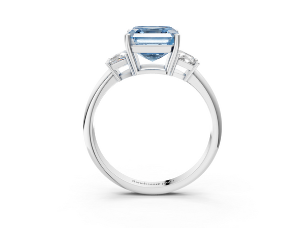 Platinum Fancy Blue Asscher  Diamond Three-Stone Ring with Trapezoid Side Stones and Prong Setting