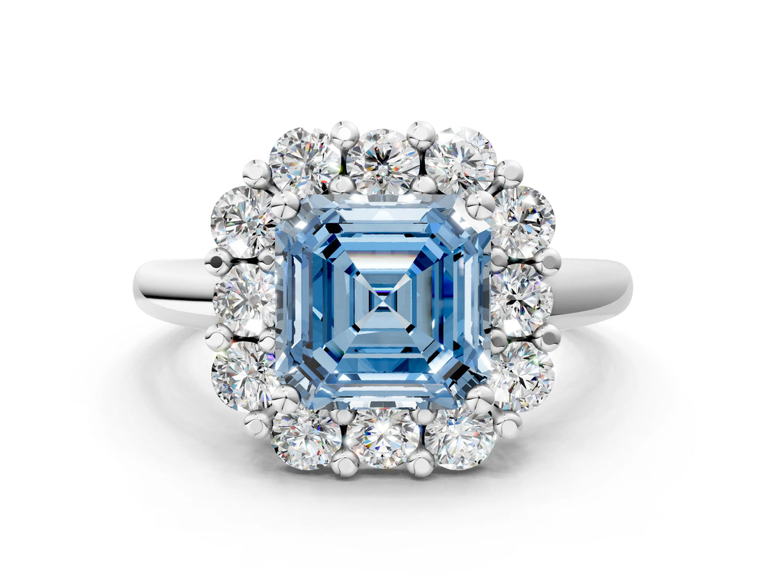 White gold Fancy Blue Asscher  Halo Cluster Diamond Engagement Ring with Prong Setting and Polished Band_20