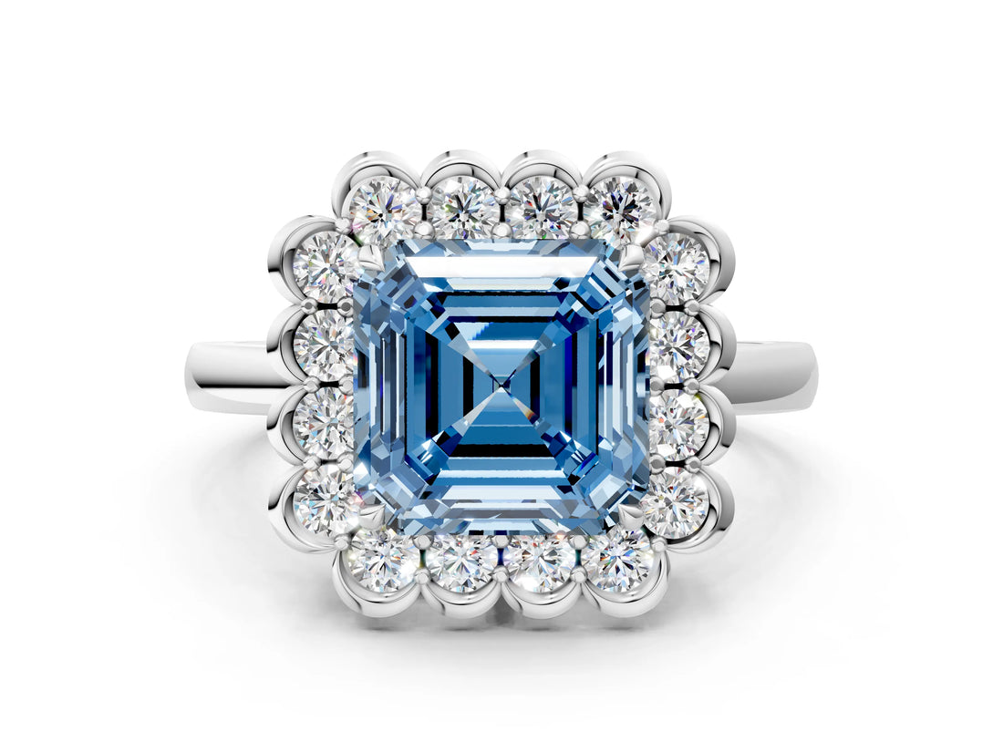 White gold Fancy Blue Asscher  Halo Cluster Diamond Engagement Ring with Solitaire Band and Prong Setting_47
