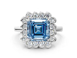 White gold Fancy Blue Asscher  Halo Cluster Diamond Engagement Ring with Solitaire Band and Prong Setting_48
