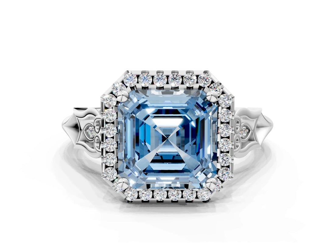 White gold Fancy Blue Asscher  Halo Diamond Engagement Ring with Filigree Band and Four-Prong Setting_93