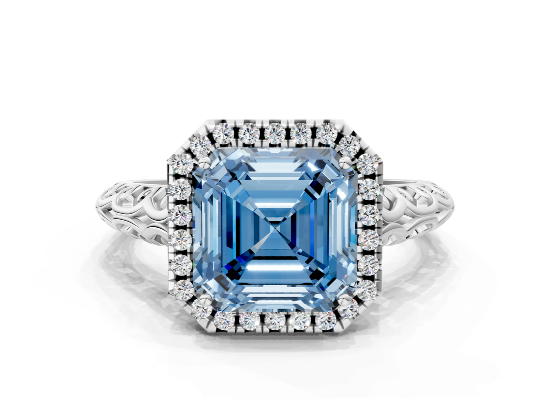 White gold Fancy Blue Asscher  Halo Diamond Engagement Ring with Intricate Filigree Band and Four-Prong Setting