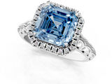 White gold Fancy Blue Asscher  Halo Diamond Engagement Ring with Intricate Filigree Band and Four-Prong Setting_1