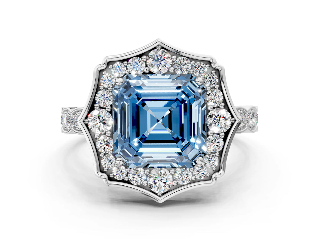 White gold Fancy Blue Asscher  Halo Diamond Engagement Ring with Milgrain Band and Four-Prong Setting_69