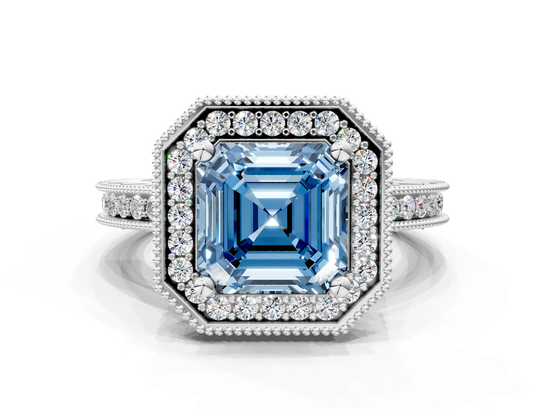 White gold Fancy Blue Asscher  Halo Diamond Engagement Ring with Milgrain Pave Band and Four-Prong Setting_50
