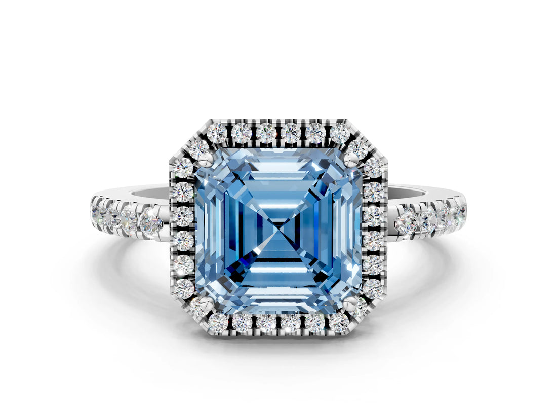 White gold Fancy Blue Asscher  Halo Diamond Engagement Ring with Pavé Band and Four-Prong Setting_39