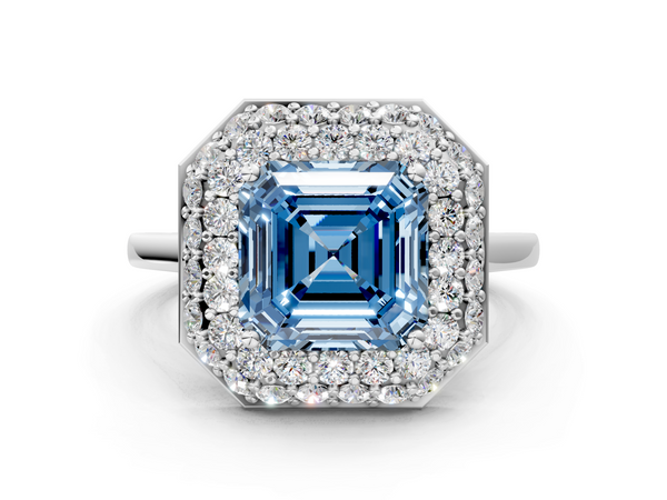 White gold Fancy Blue Asscher  Halo Diamond Engagement Ring with Solitaire Band and Four-Prong Setting