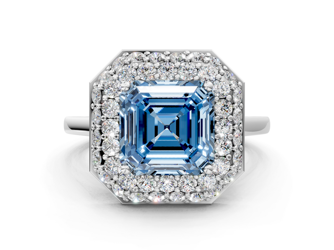 White gold Fancy Blue Asscher  Halo Diamond Engagement Ring with Solitaire Band and Four-Prong Setting_18