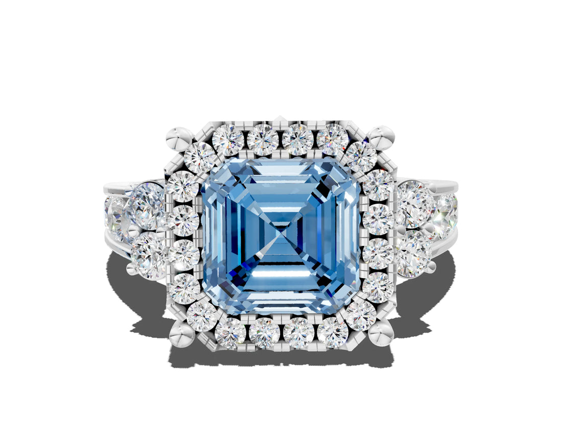 White gold Fancy Blue Asscher  Halo Diamond Engagement Ring with Split Shank and Four-Prong Setting_35