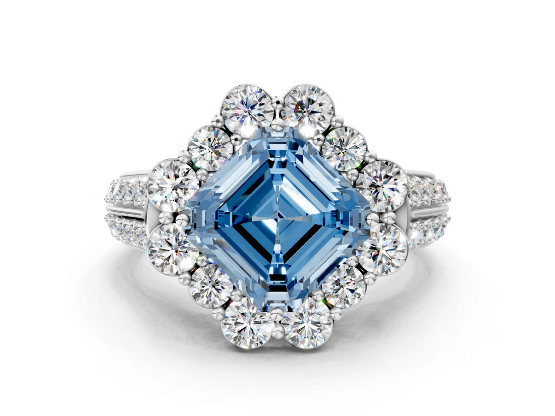 White gold Fancy Blue Asscher  Halo Diamond Engagement Ring with Split Shank and Prong Setting_46