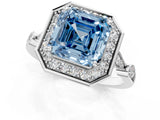 White gold Fancy Blue Asscher  Halo Diamond Engagement Ring with Twisted Band and Four-Prong Setting 1