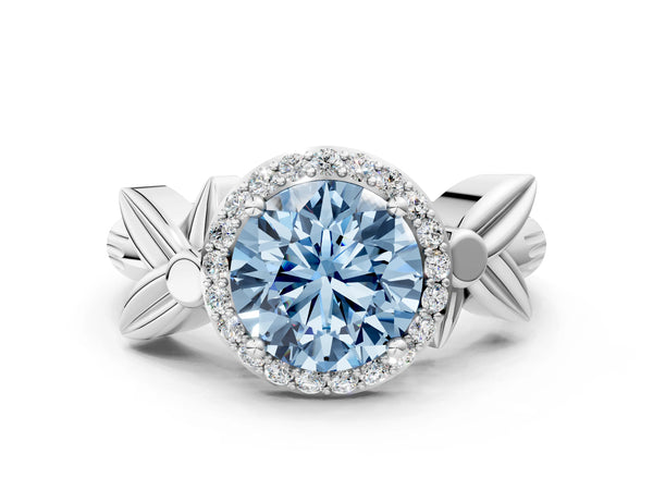 Platinum Asscher Cut Halo Engagement Ring Setting for Fancy Blue Center with Floral Leaf Shoulders