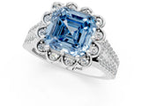 White gold Fancy Blue Asscher  Halo Diamond Floral Split Shank Engagement Ring 1