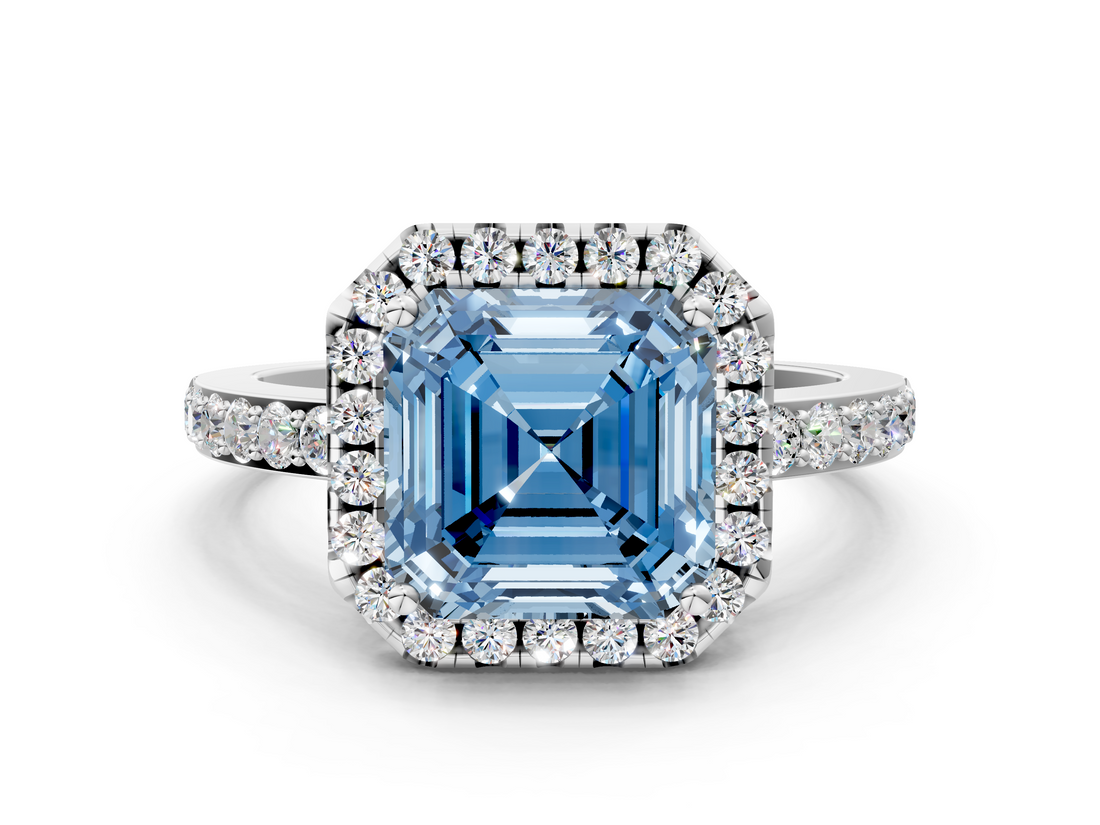 White gold Fancy Blue Asscher  Halo Diamond Pavé Band Ring with Prong Setting