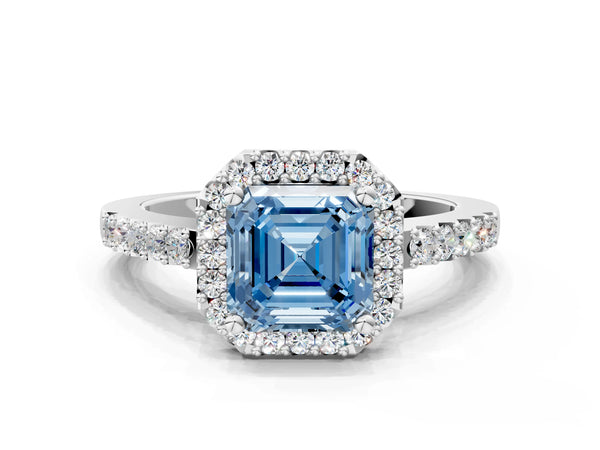 Platinum Fancy Blue Asscher  Halo Diamond Pavé Solitaire Ring